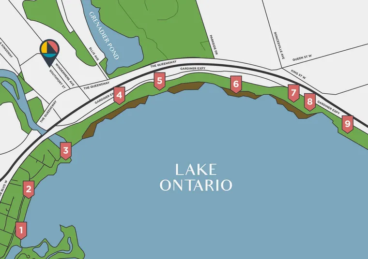 Map showing points of interest when strolling along the boardwalk of Lake Ontario