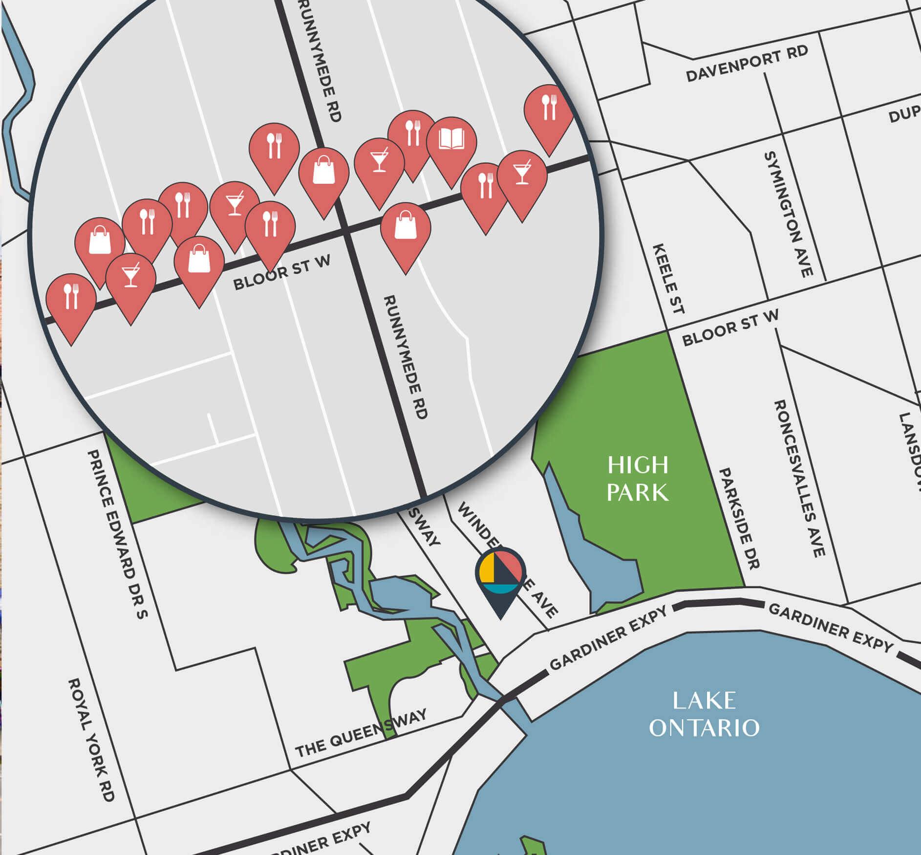 Map showing pin drops of retail shops along Bloor Street at Runnymede Road, Toronto.