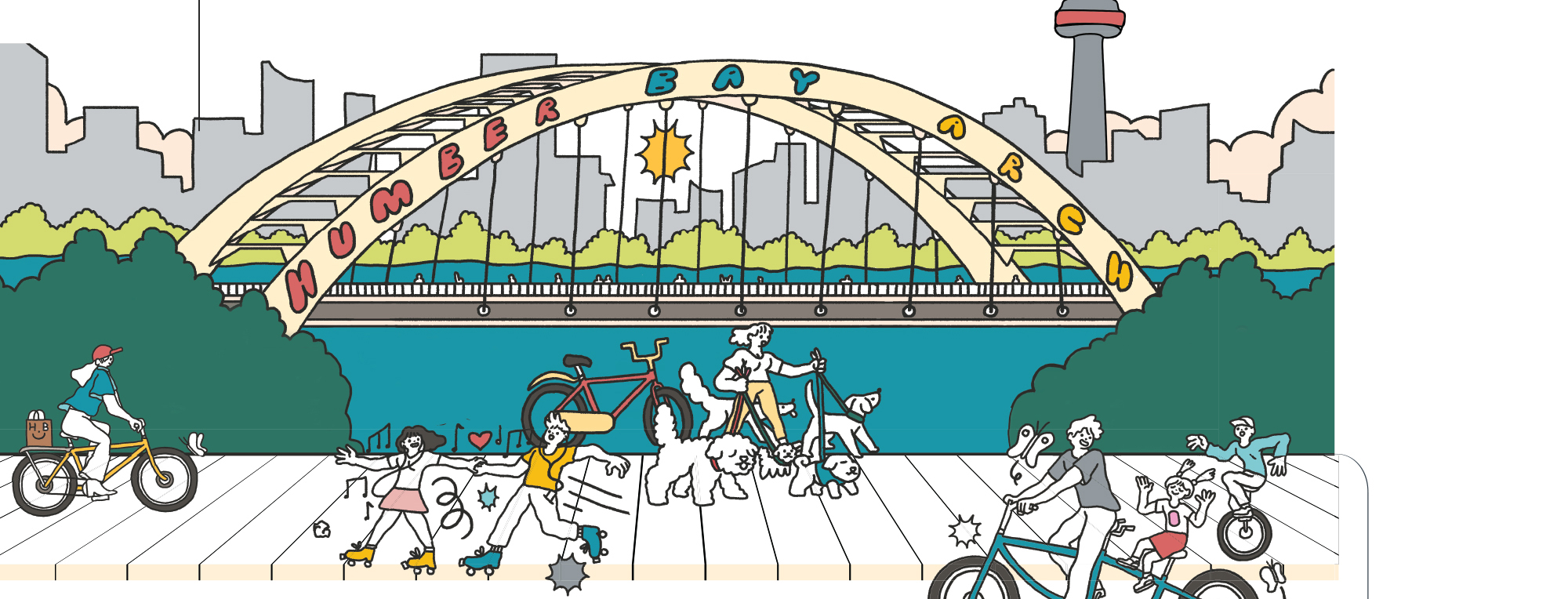 Cartoonized artwork of Humber Bay Arch, CN Tower and people walking/biking